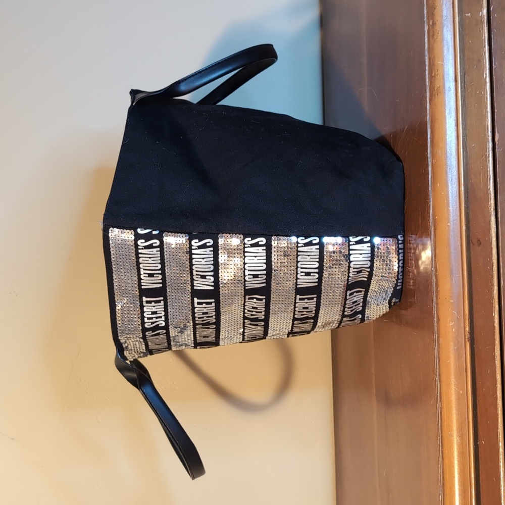 Victoria's Secret Sequin Black & Silver Classic Logo Travel Tote Zipper Top - Picture 4 of 11